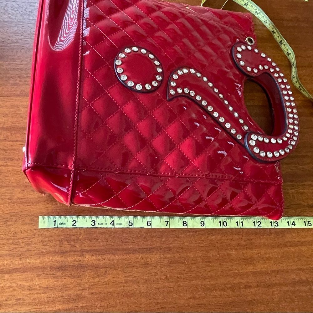 Question Mark ? Handbag Red With Studded Rhinestone Detail Quilted Stitching - Picture 11 of 16